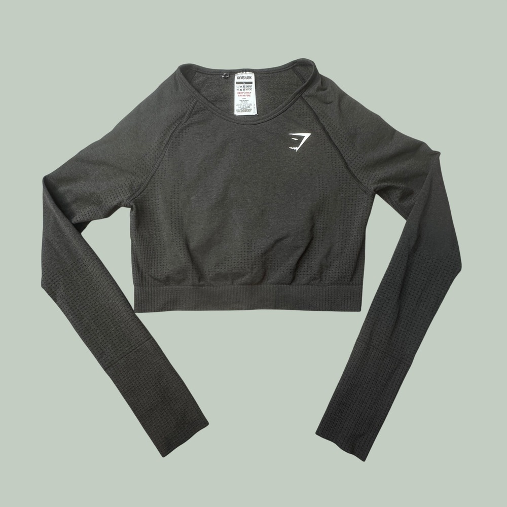 Gymshark Crop Top Womens L Vital Seamless 2.0 Black Marl Long Sleeve B1A3D